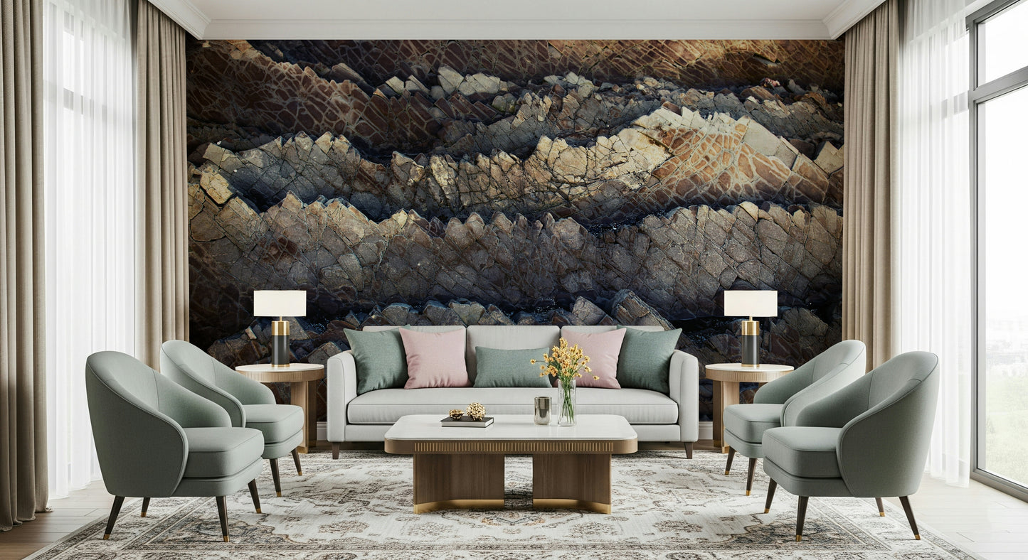 Decorative wall mural with stacked stone layers for accent walls in living rooms, offices, or lofts.