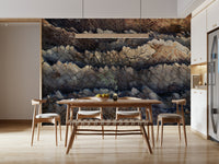 Textured wall mural with horizontal stratified stone patterns creating depth and visual interest.