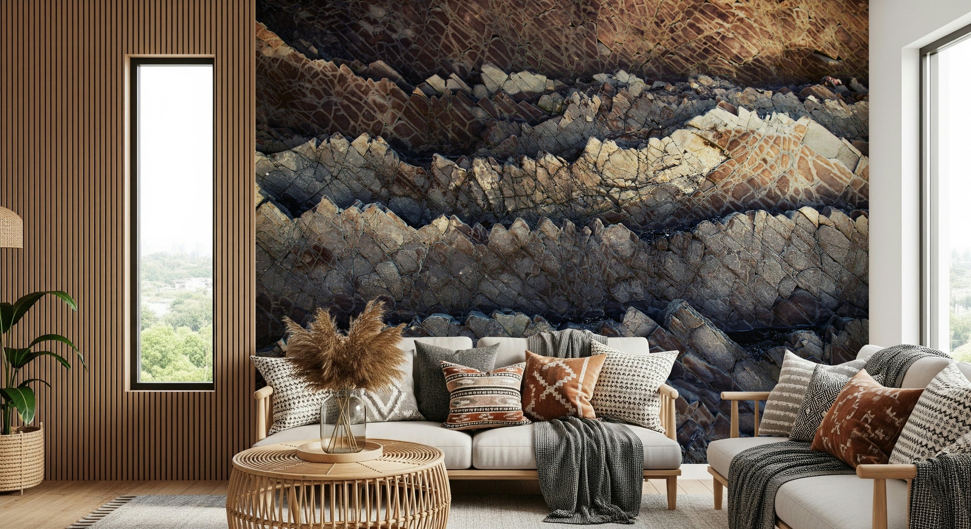 Layered stone wall mural blending rough and smooth textures for depth and architectural interest.