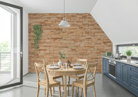 Earth-toned stone wall mural creating a natural, grounding effect in living rooms or feature walls.