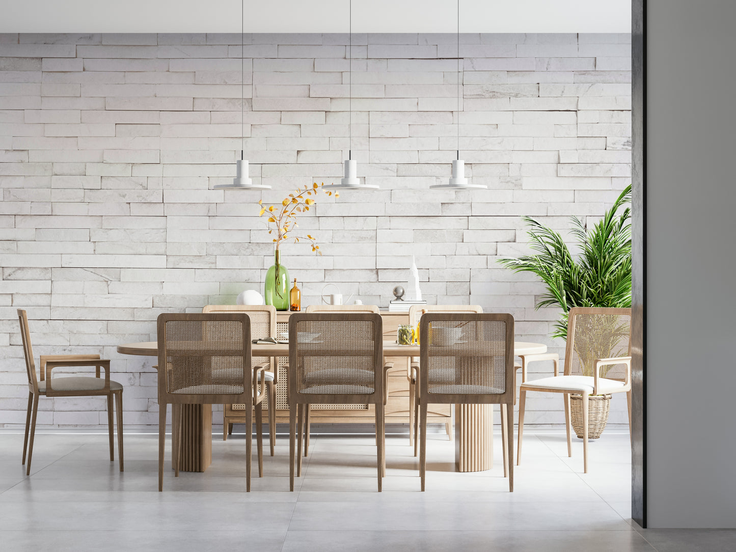 Natural stone stacked wall wallpaper mural adding texture, depth, and brightness to living spaces.