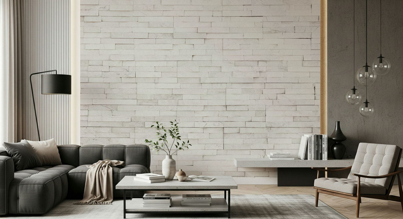 Textured wall mural with bright stone blocks creating a clean, modern, and rustic accent wall.