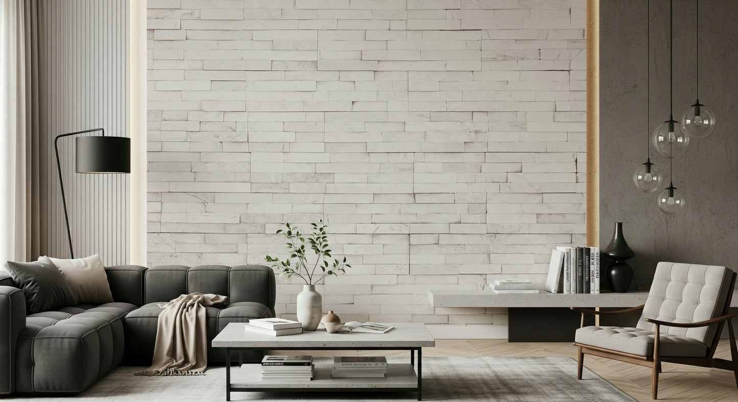 Textured wall mural with bright stone blocks creating a clean, modern, and rustic accent wall.