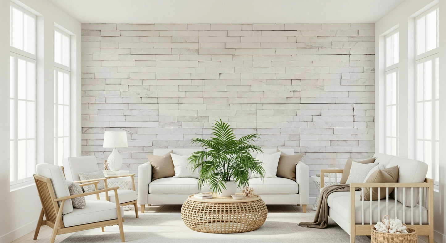 Natural stone stacked mural in bright tones creating a three-dimensional and airy feel in any room.