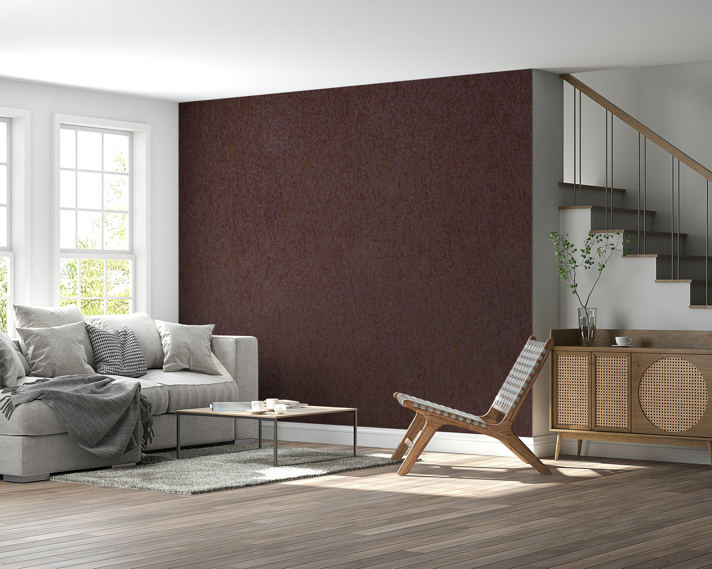Warm brown canvas-style wallpaper mural creating a natural, grounding atmosphere in any room.