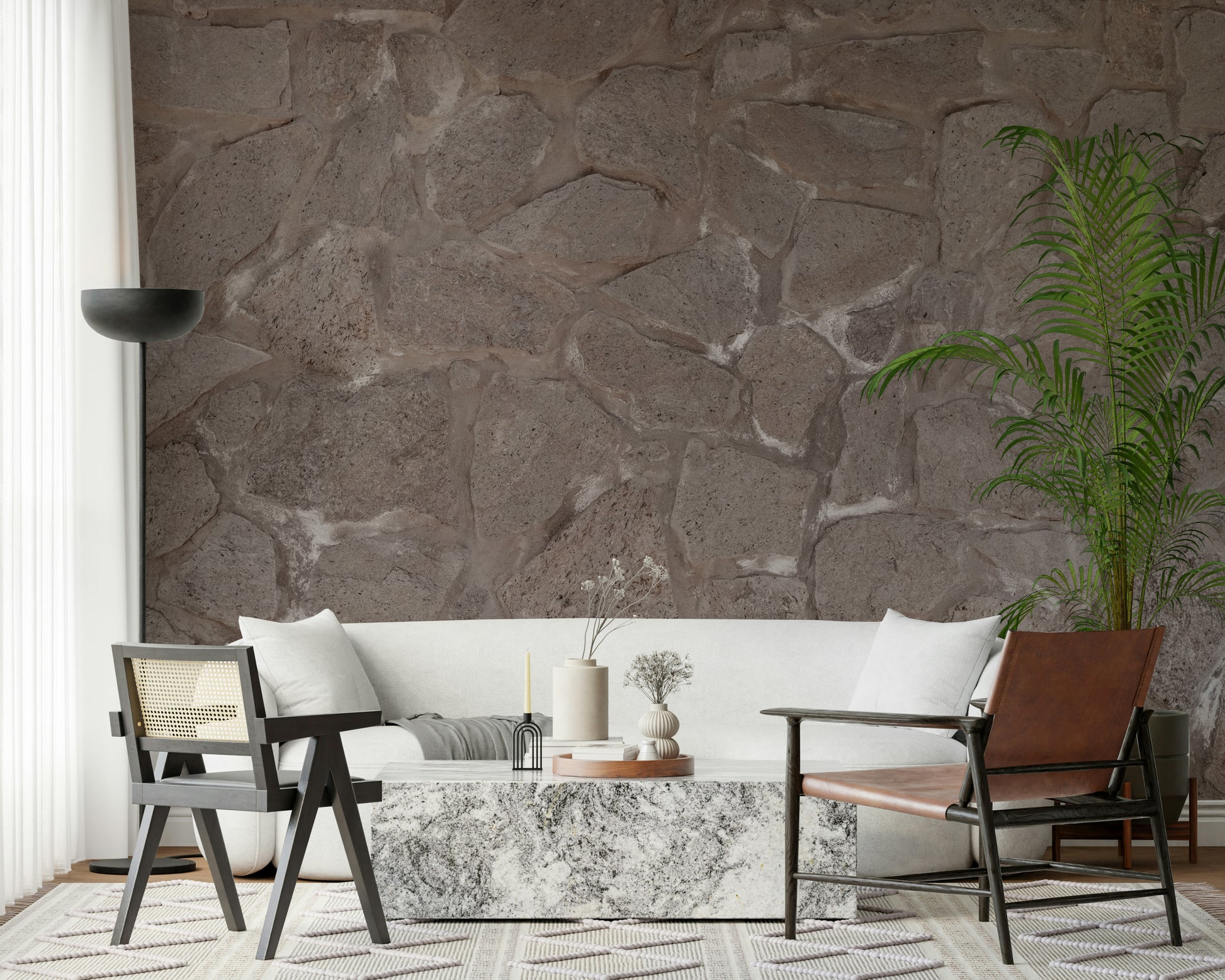 Textured rustic stone wallpaper mural mimicking hand-laid stone for authentic interior charm.
