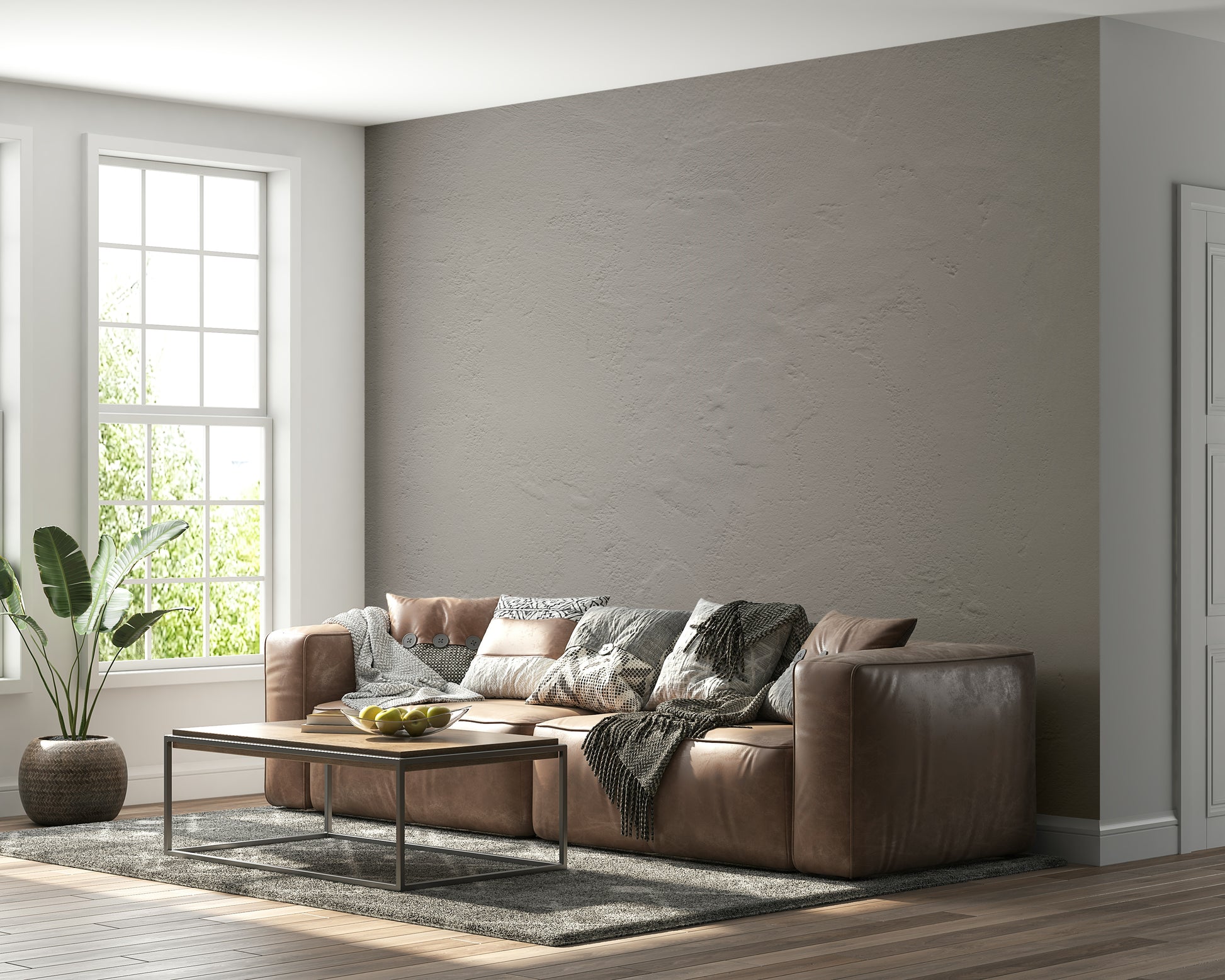 Wall mural with warm, textured rustic finish to create a grounding and inviting ambiance.