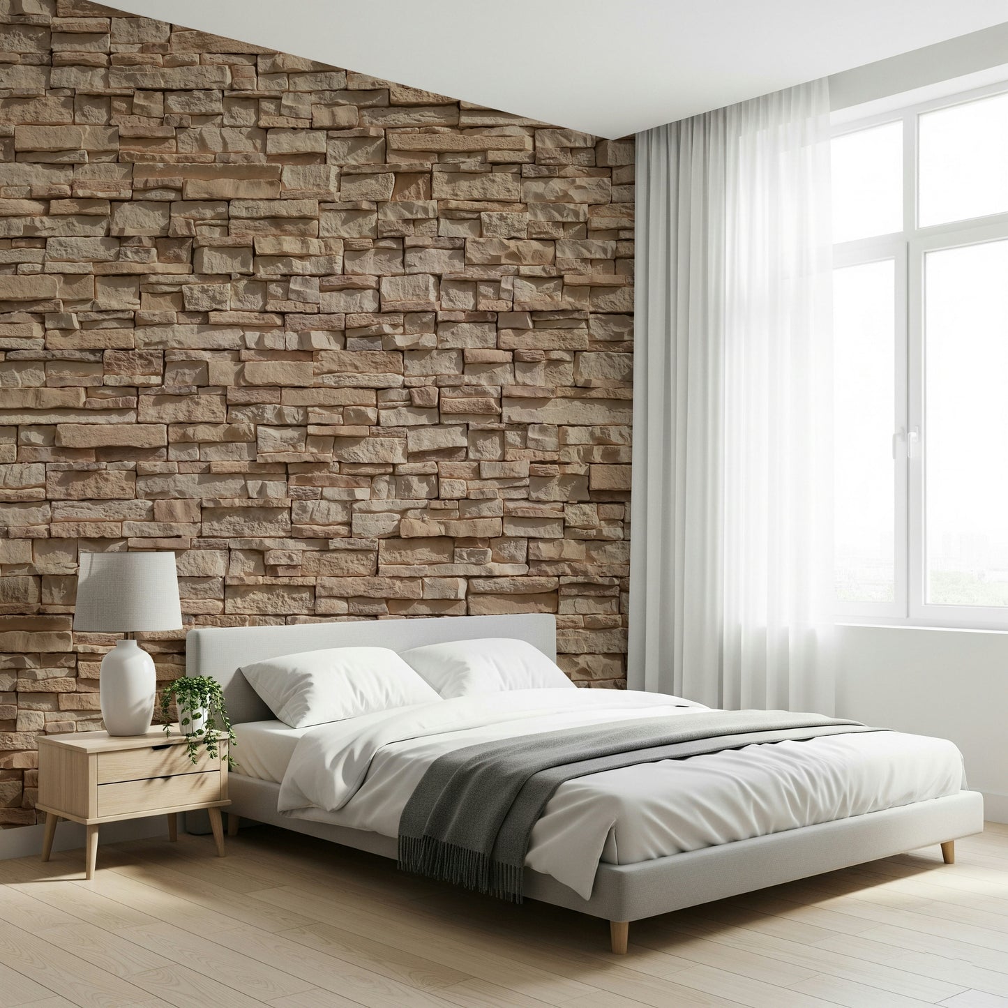 Realistic stone cladding wallpaper mural adding depth and tactile visual interest to living spaces.