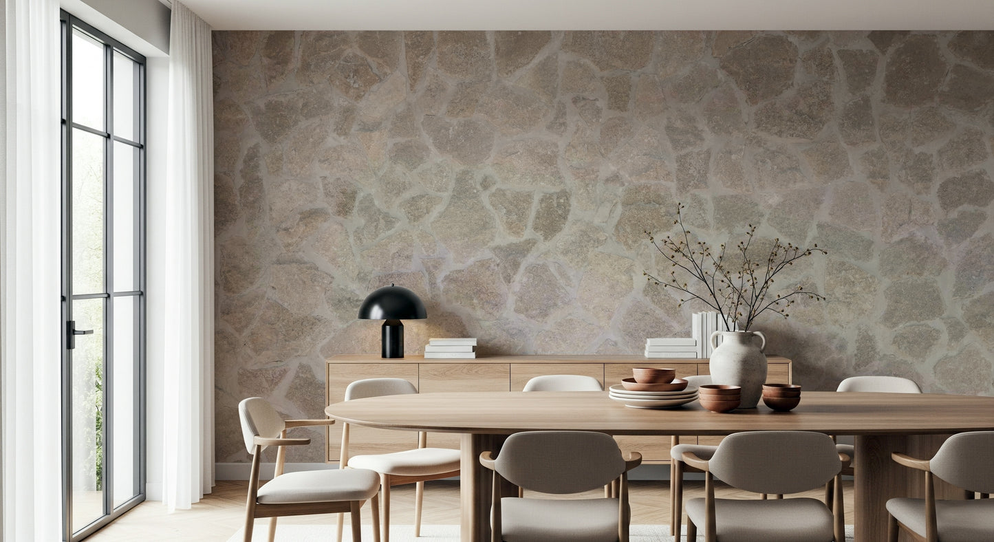 Textured wall mural with mosaic stone patterns creating a rustic and artistic accent wall.