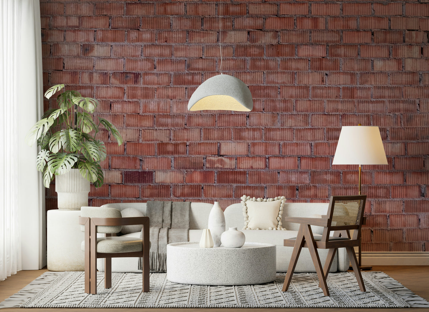 Textured brick wall wallpaper mural with warm red and orange tones for urban or farmhouse décor.