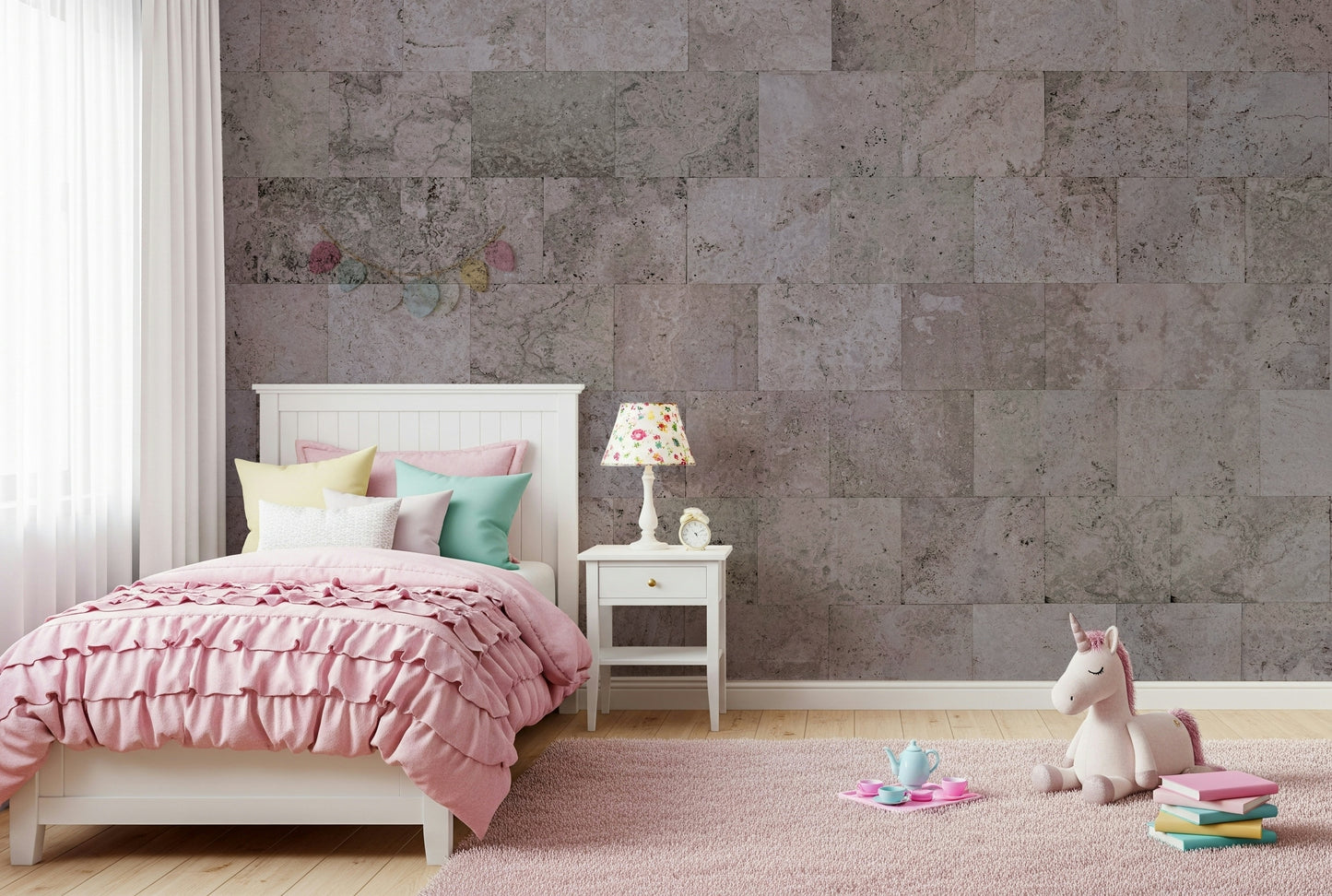 Layered block texture wallpaper mural with weathered details for an authentic, natural look.