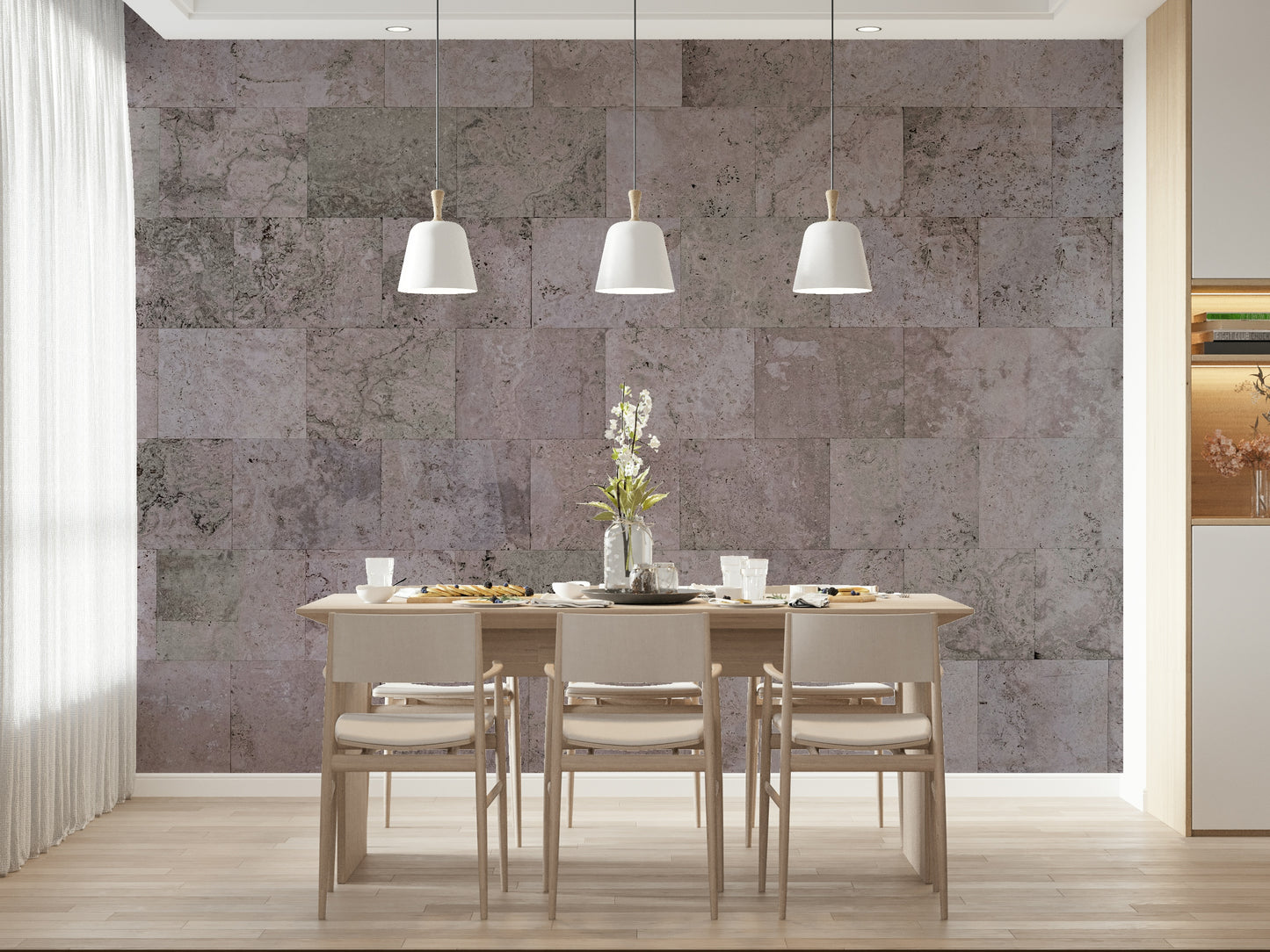 Textured wall mural with layered rustic blocks creating a natural, industrial-style accent wall.