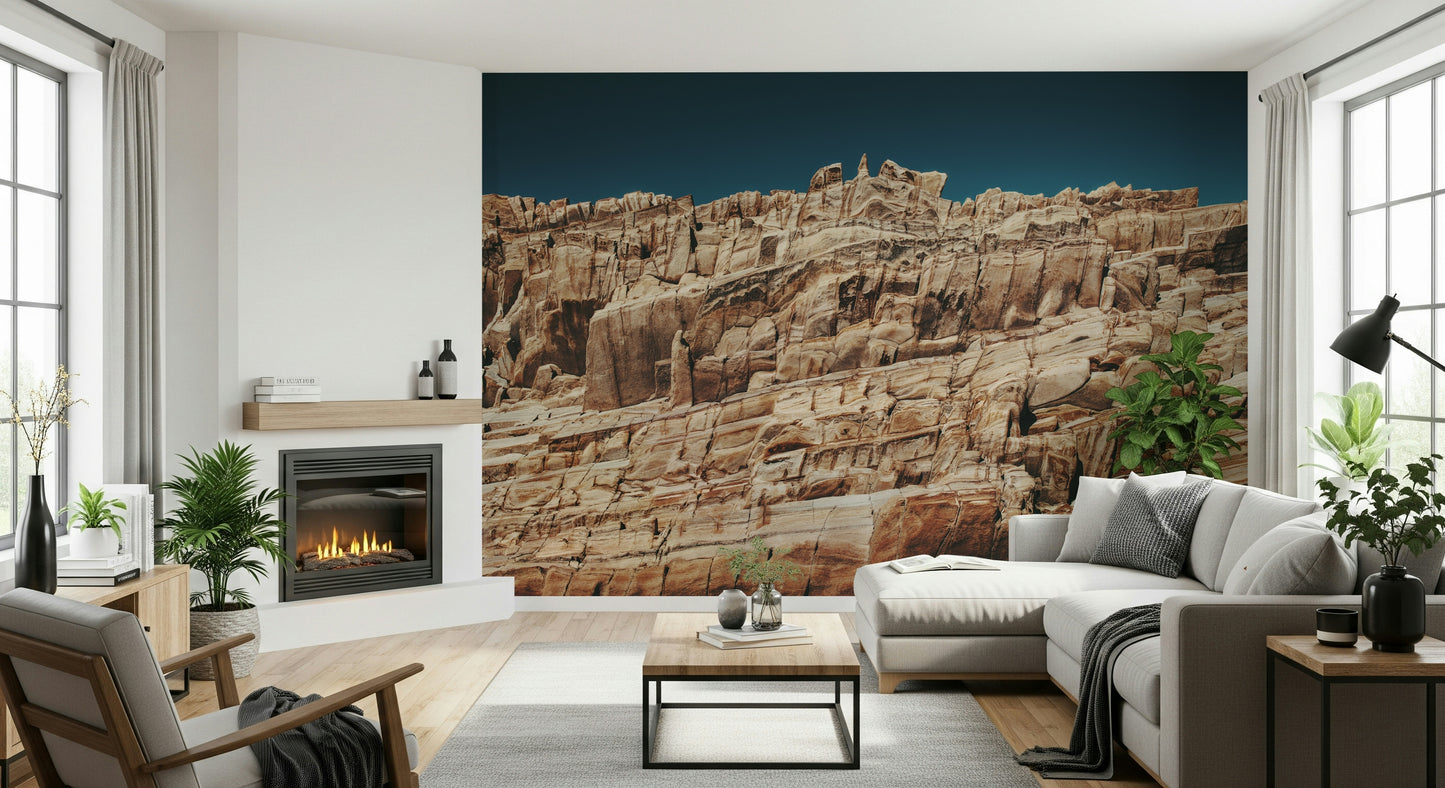 Natural terracotta cliff landscape wallpaper capturing rock textures and warm sunlight for serene interiors.