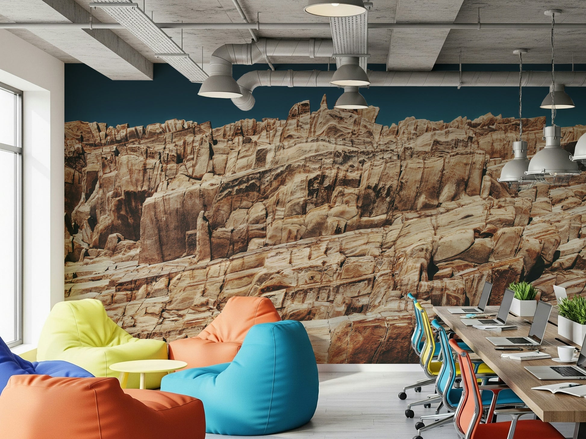 Cliffside wall mural with rich terracotta tones and rugged geological details for statement walls.