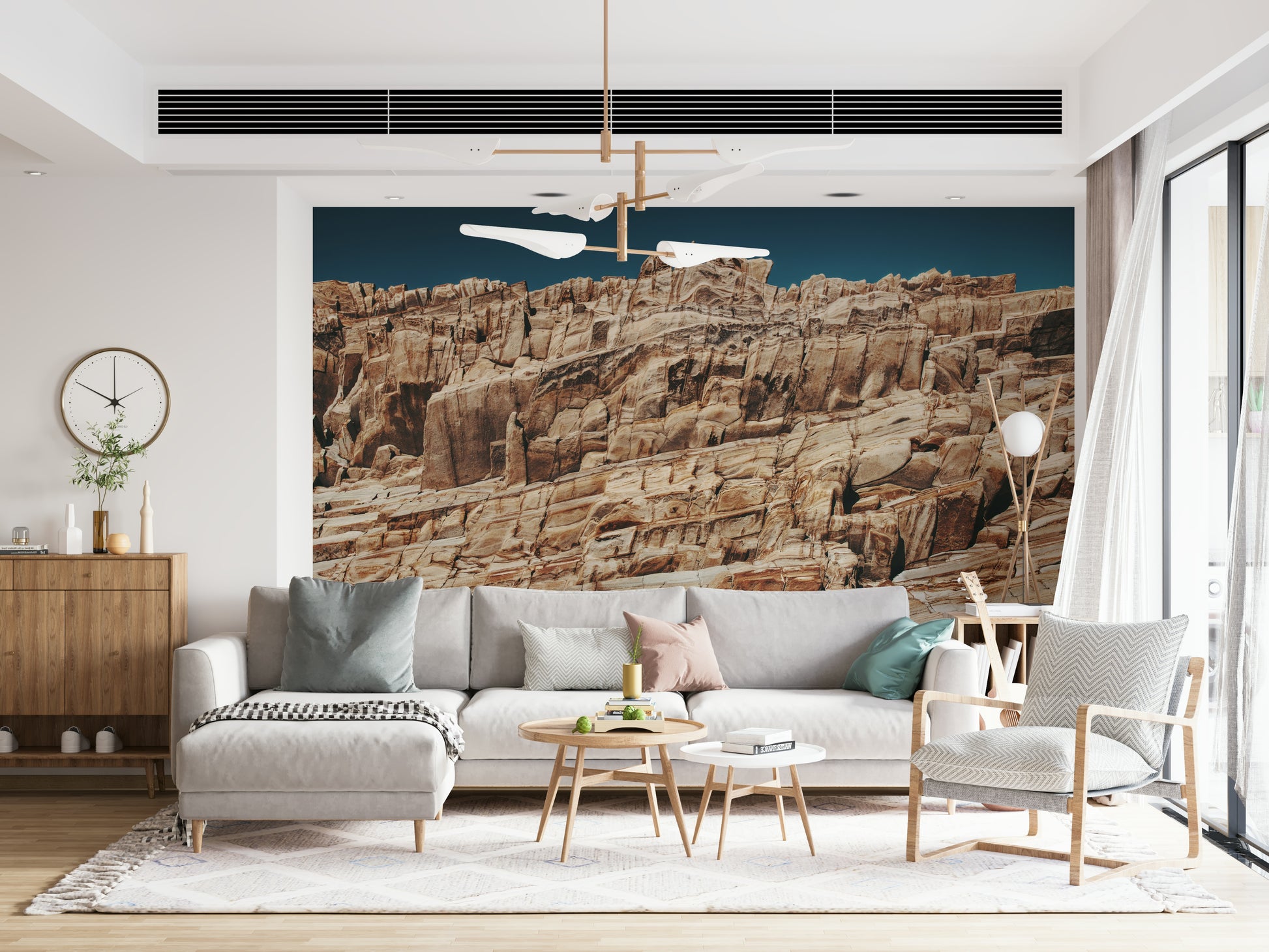 Natural landscape wall mural featuring terracotta cliffs, rugged terrain, and warm earthy hues.