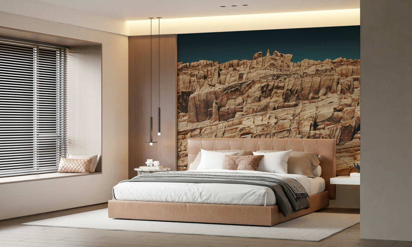 Textured terracotta cliff mural with layered rocks and natural shading for sophisticated interiors.