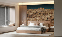 Textured terracotta cliff mural with layered rocks and natural shading for sophisticated interiors.