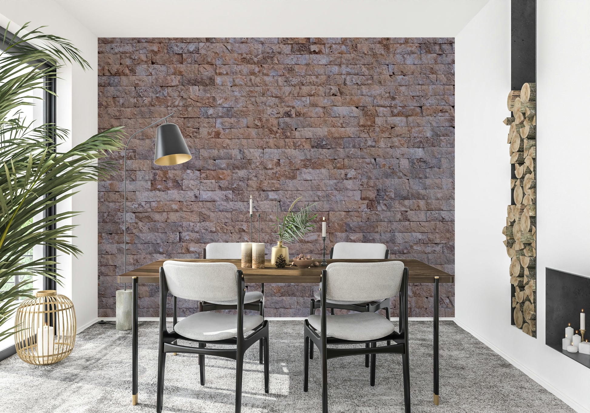 Weathered brick wallpaper mural with a mix of warm and neutral tones for stylish interior design.