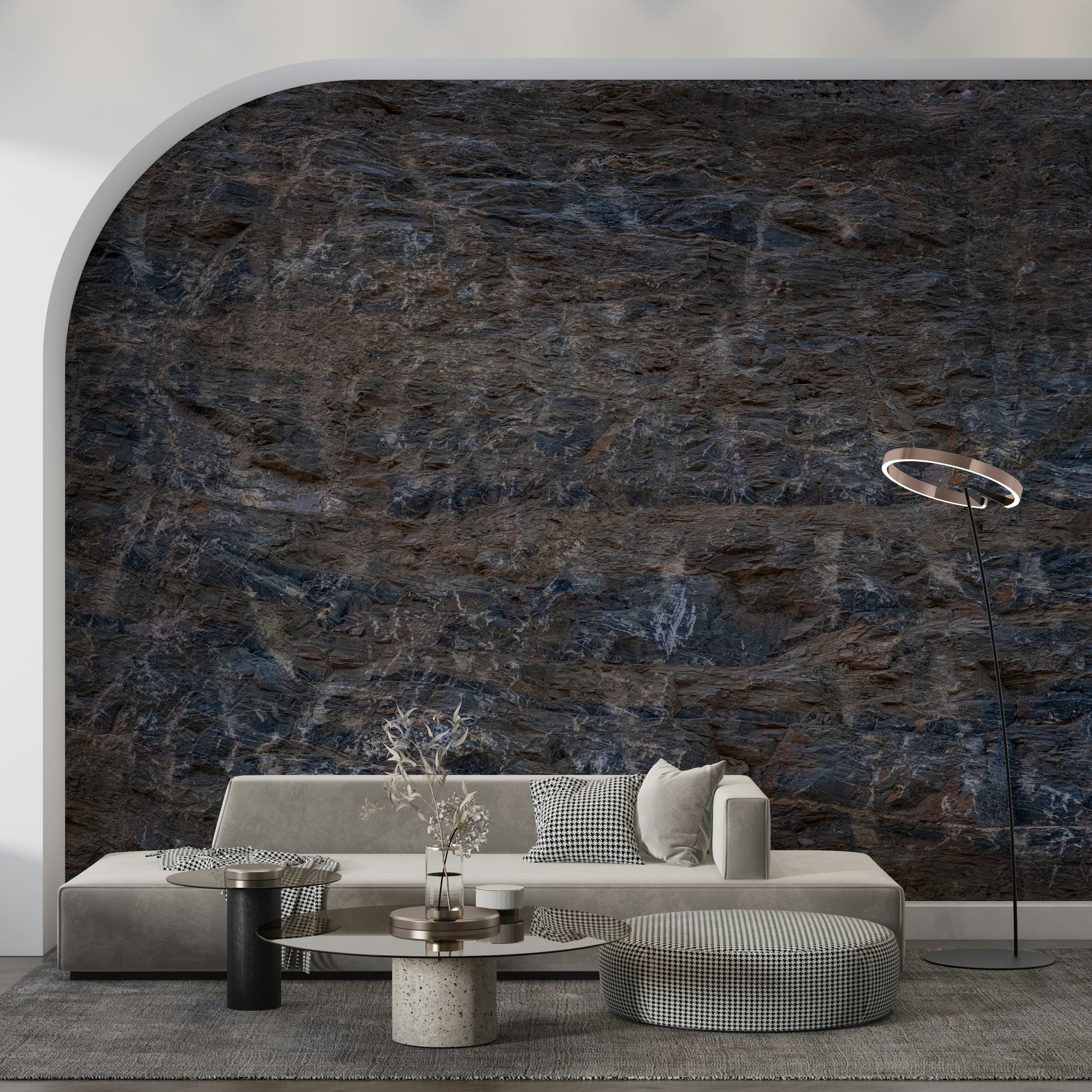 Realistic rocky landscape mural capturing rough terrain and mineral details for modern interiors.