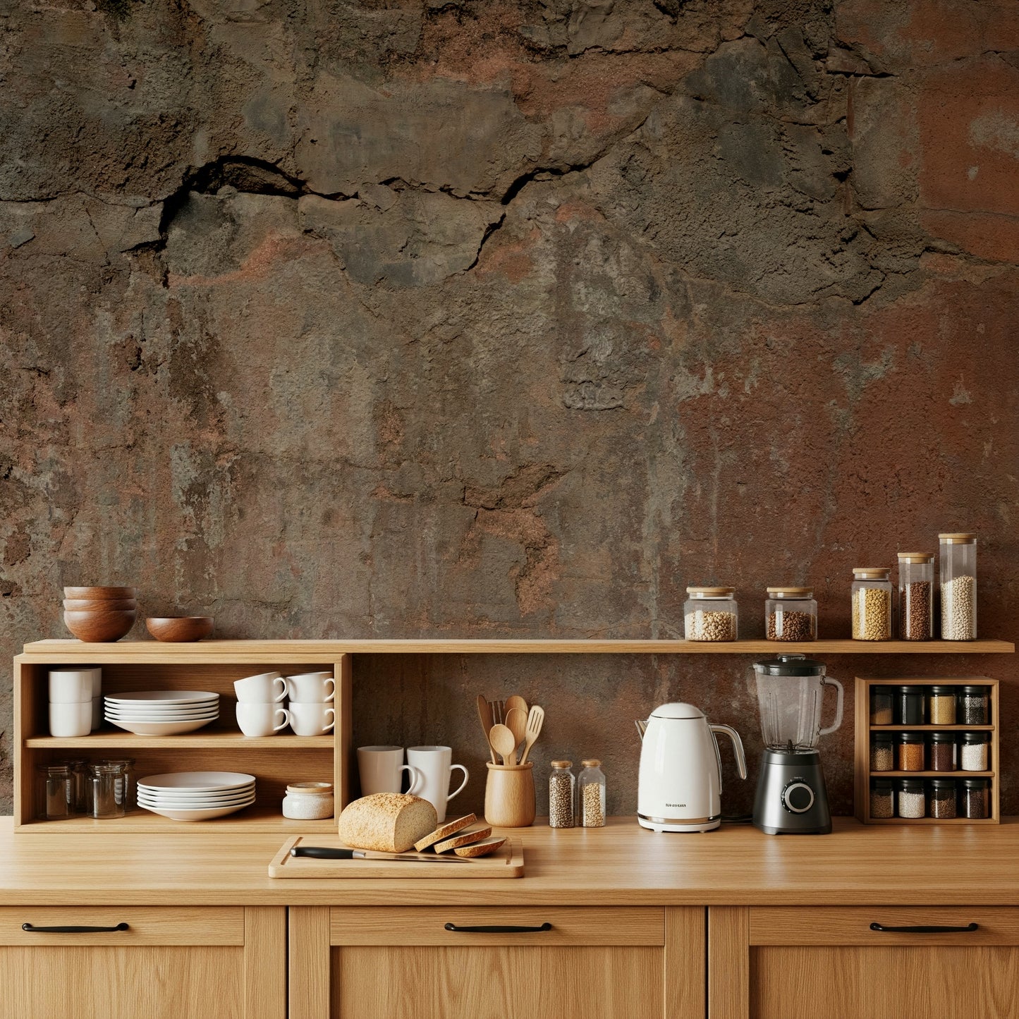 Warm neutral wallpaper with layered earth shades and organic patterns for a grounded, natural look.