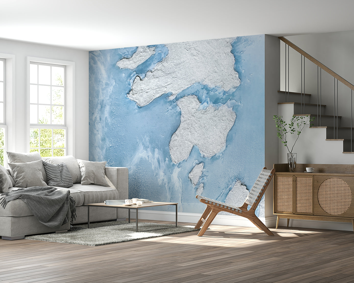 Abstract glacier-inspired wall mural with cool tones and misty atmosphere, perfect for calming spaces.