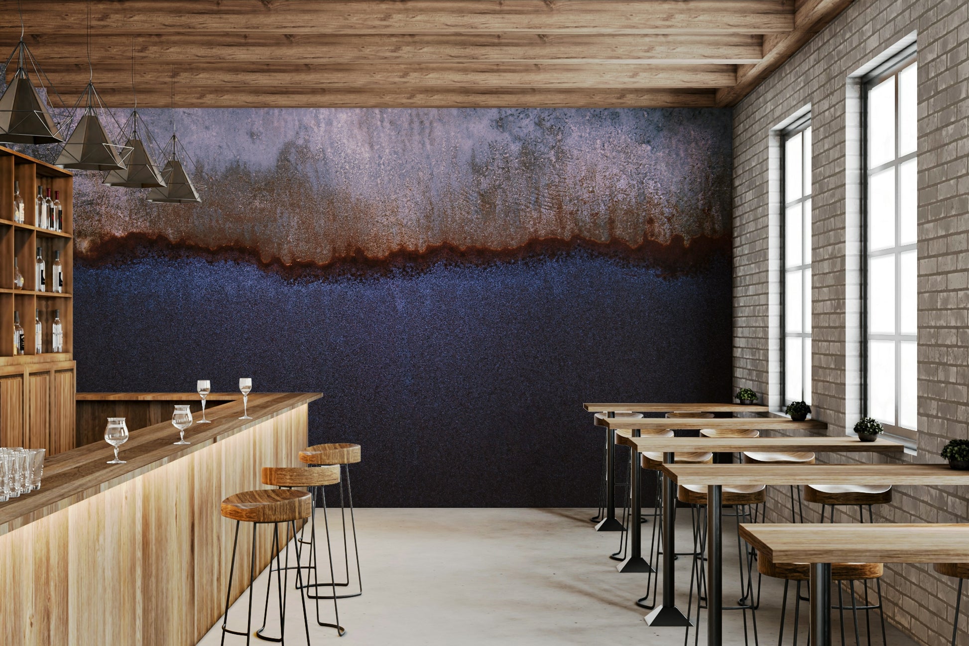 Wall art featuring oxidized patina textures creating a dramatic horizon effect