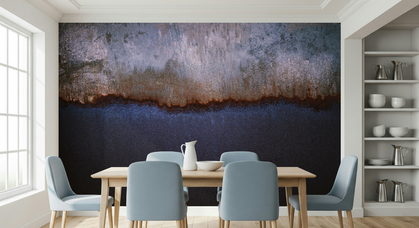 Textured wall mural blending metallic oxidation with soft horizon-inspired colors