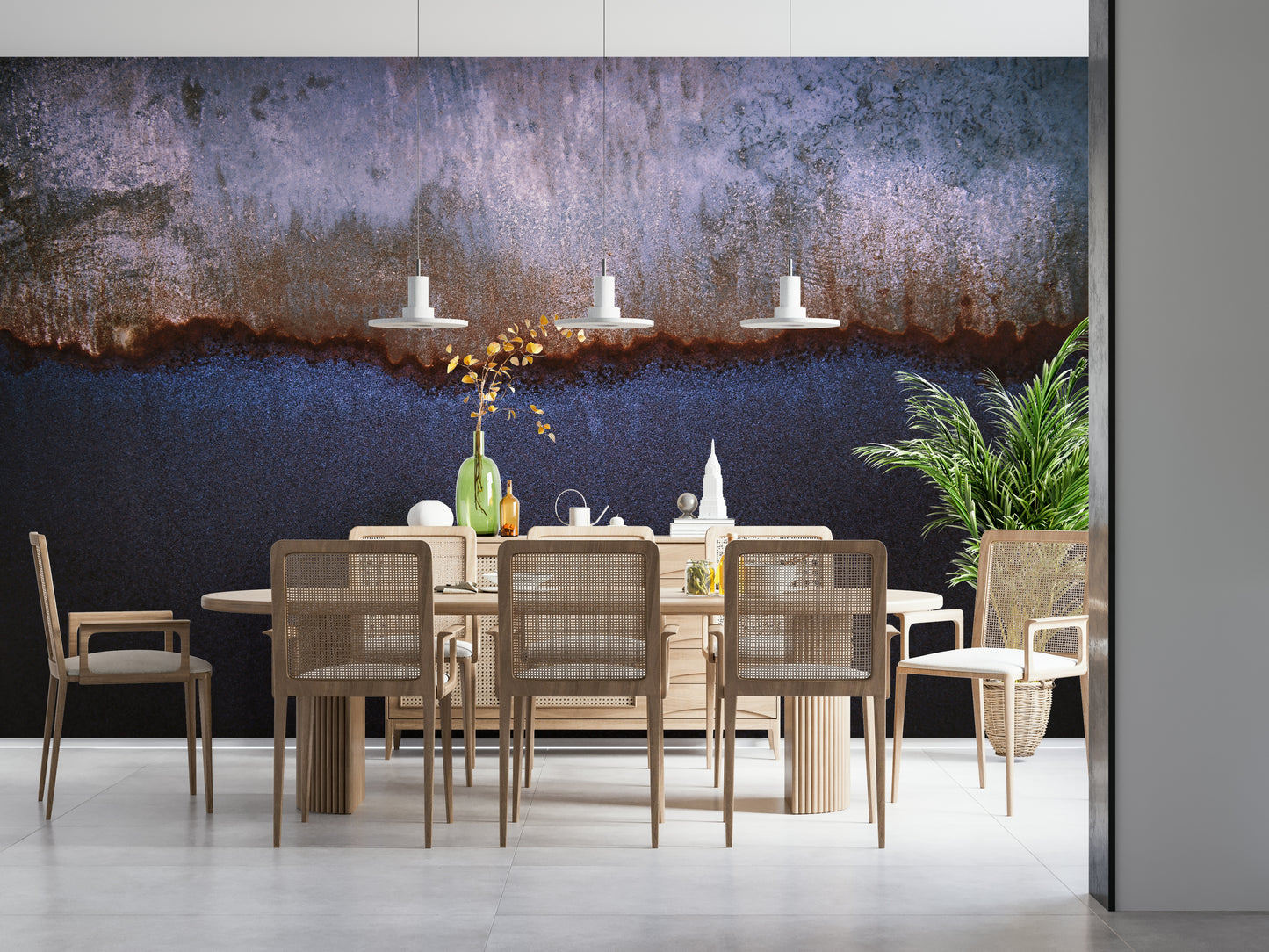 Contemporary wall art featuring oxidized surfaces with subtle color shifts