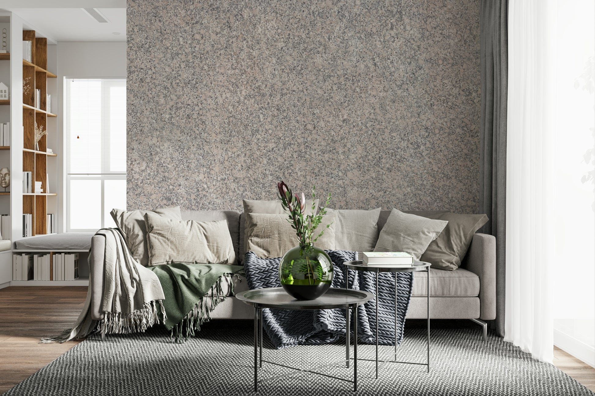 Contemporary wall covering featuring stacked stones with balanced textures