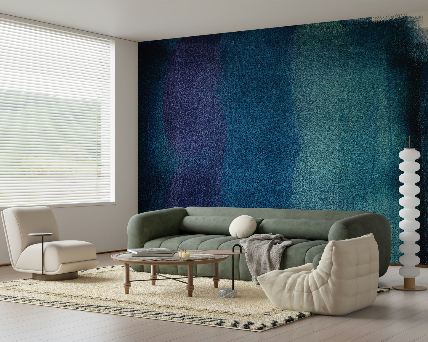 Modern mural featuring abstract indigo textures for a calming ambiance