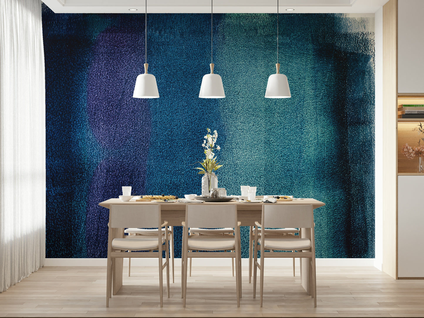 Artistic mural with deep indigo textures and abstract brushstroke effects
