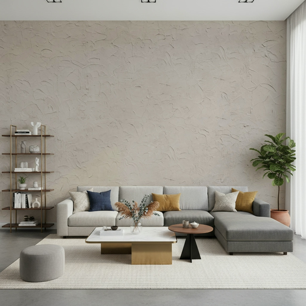 Minimalist wall mural with smooth plastered beige texture