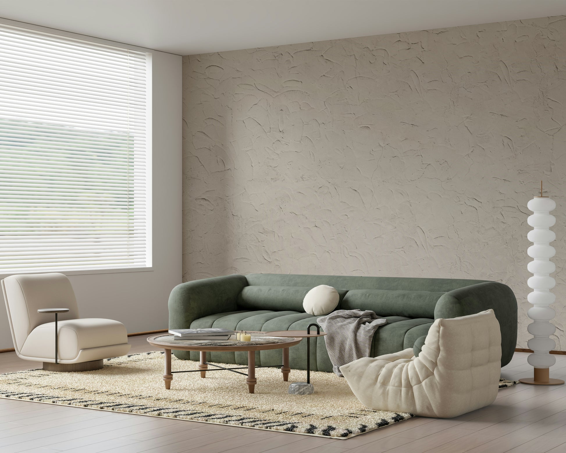 Textured wall mural in soft beige with subtle plaster details