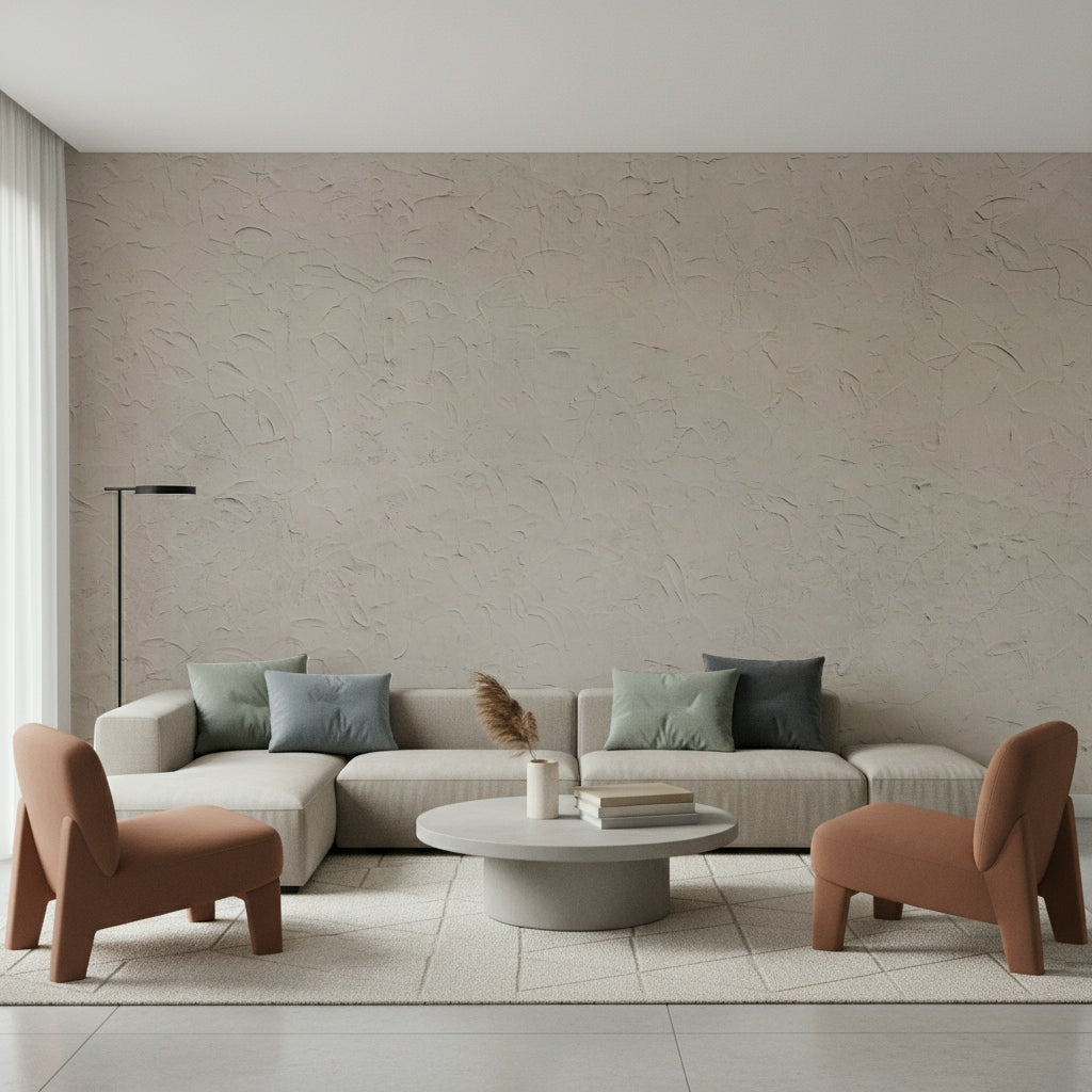 Beige plastered wall mural with understated, minimalist design