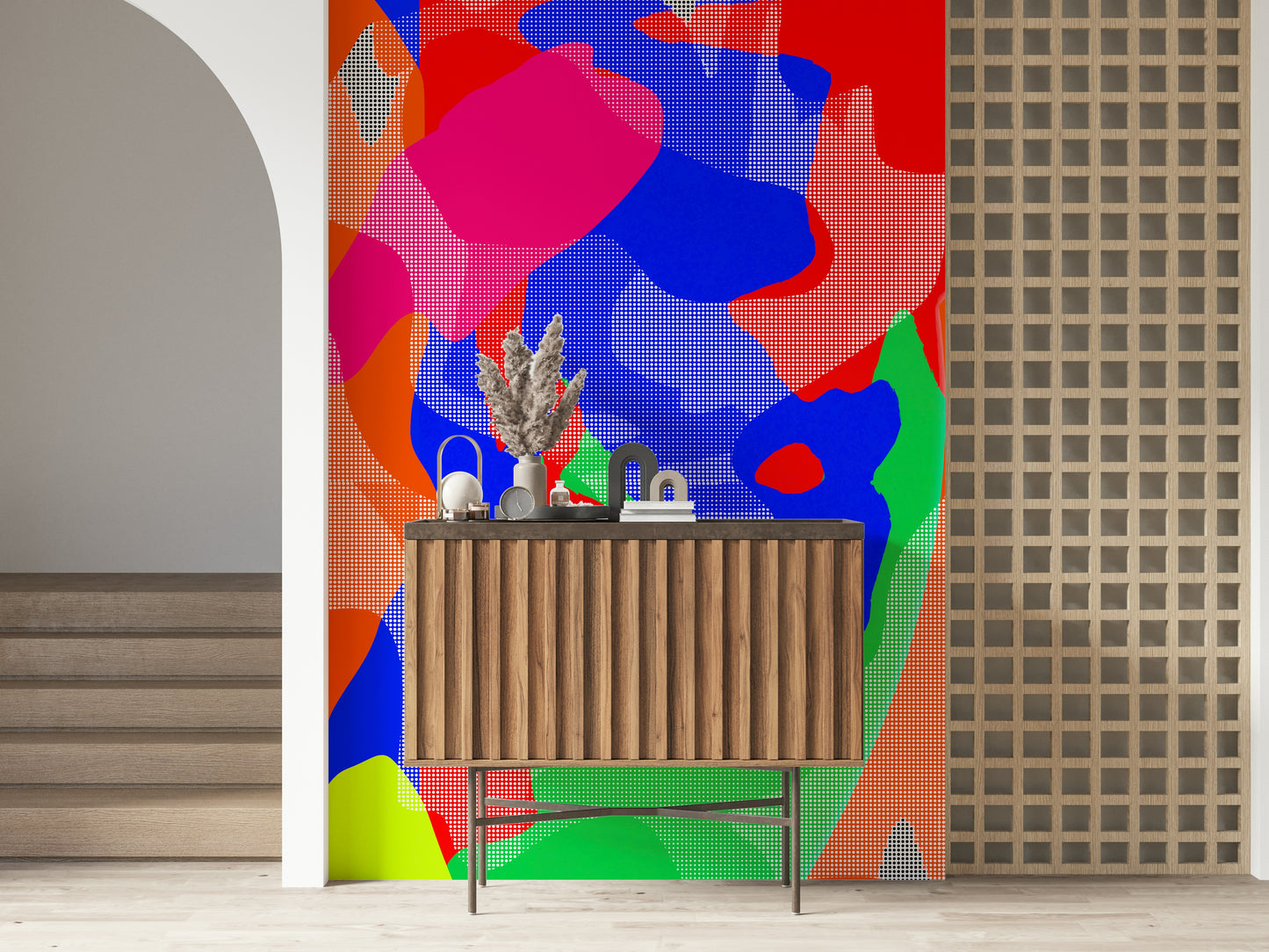 Playful circular shapes in bright red, orange, and yellow, Hot Dots mural