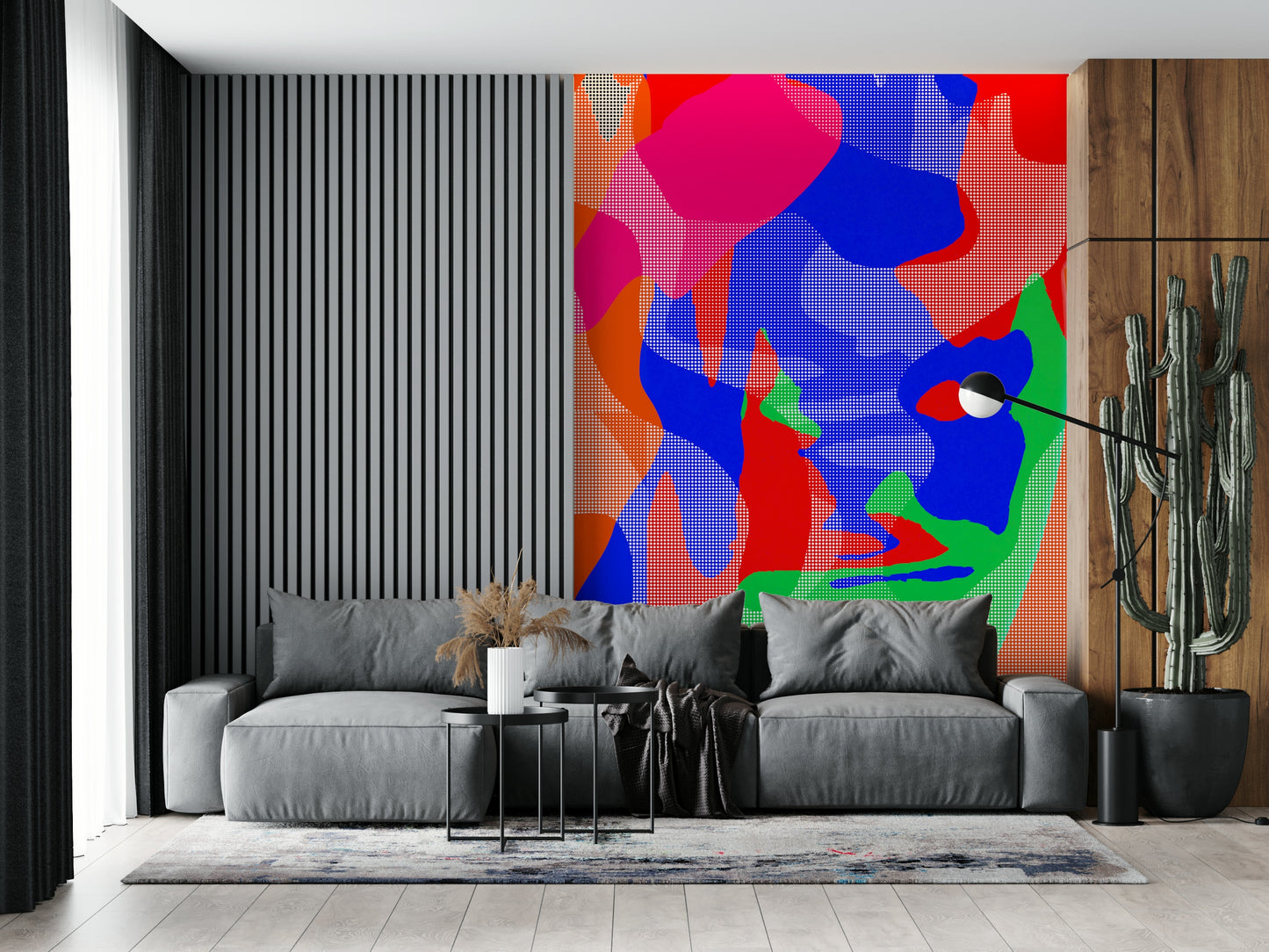 Dynamic abstract dot composition with fiery color palette, wall mural