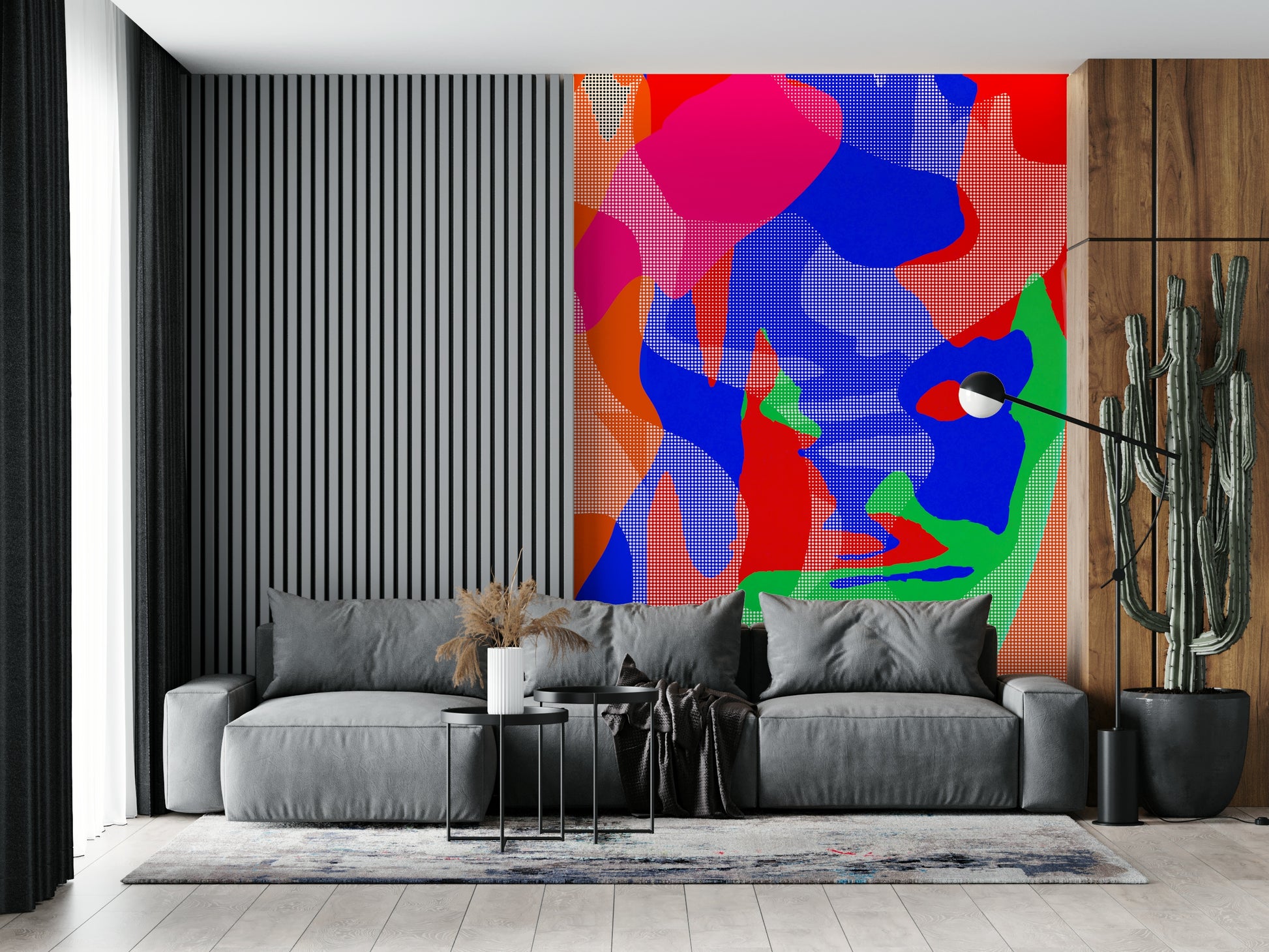 Dynamic abstract dot composition with fiery color palette, wall mural