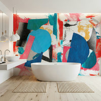 Vibrant Collage Art Wallpaper – Eye-catching wall design with dynamic overlapping forms in bright and muted hues.