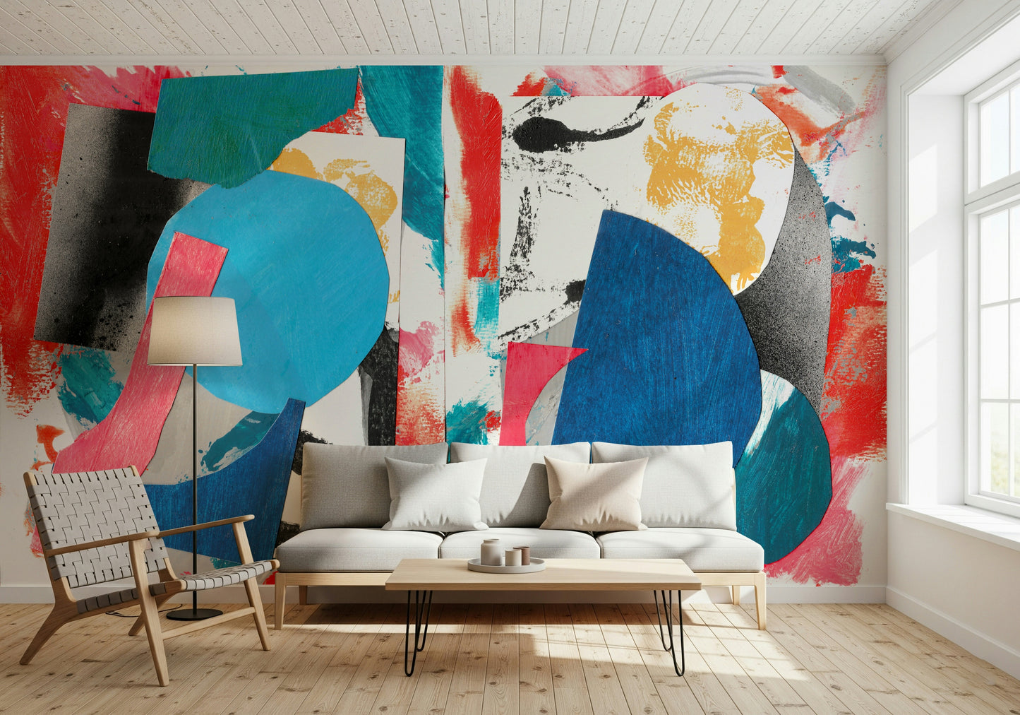 Playful Abstract Collage Wall Mural – Dynamic mural combining geometric shapes with expressive brushstroke backgrounds.