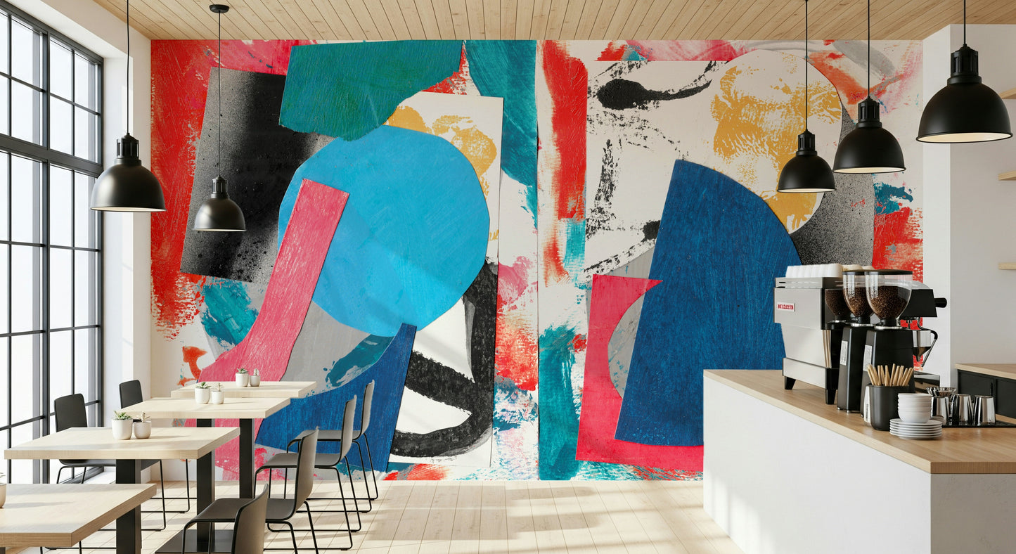 Geometric Collage Wall Mural – Modern abstract design with layered circles, rectangles, and organic shapes in bold colors.