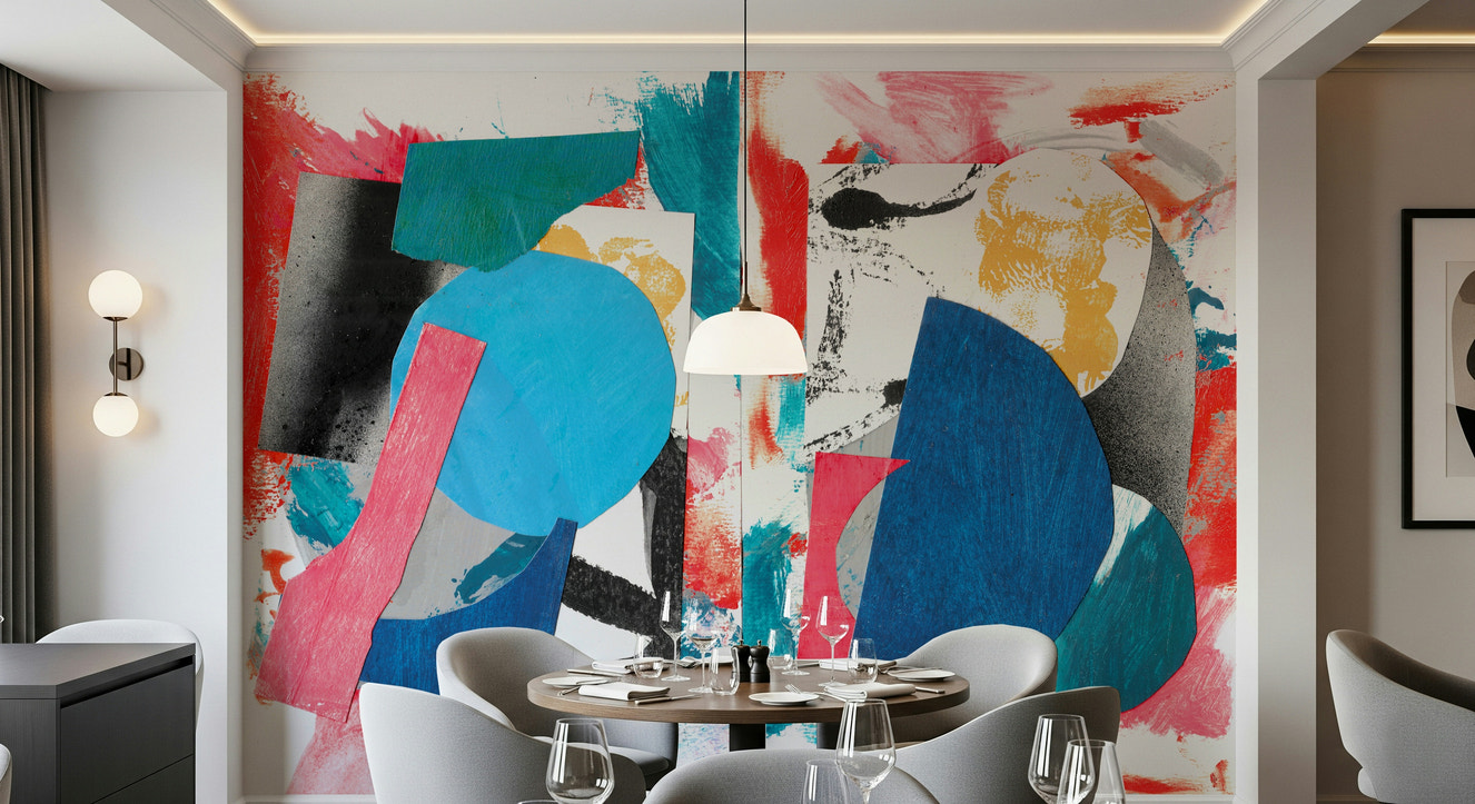 Collage Chaos Wall Mural – Abstract mural featuring layered geometric shapes in vibrant colors over expressive brushstrokes.