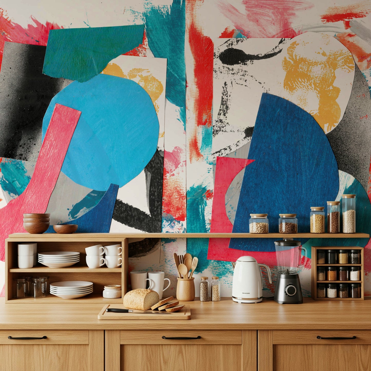 Layered Abstract Shapes Wall Mural – Decorative mural with contrasting geometric elements and colorful paint textures.