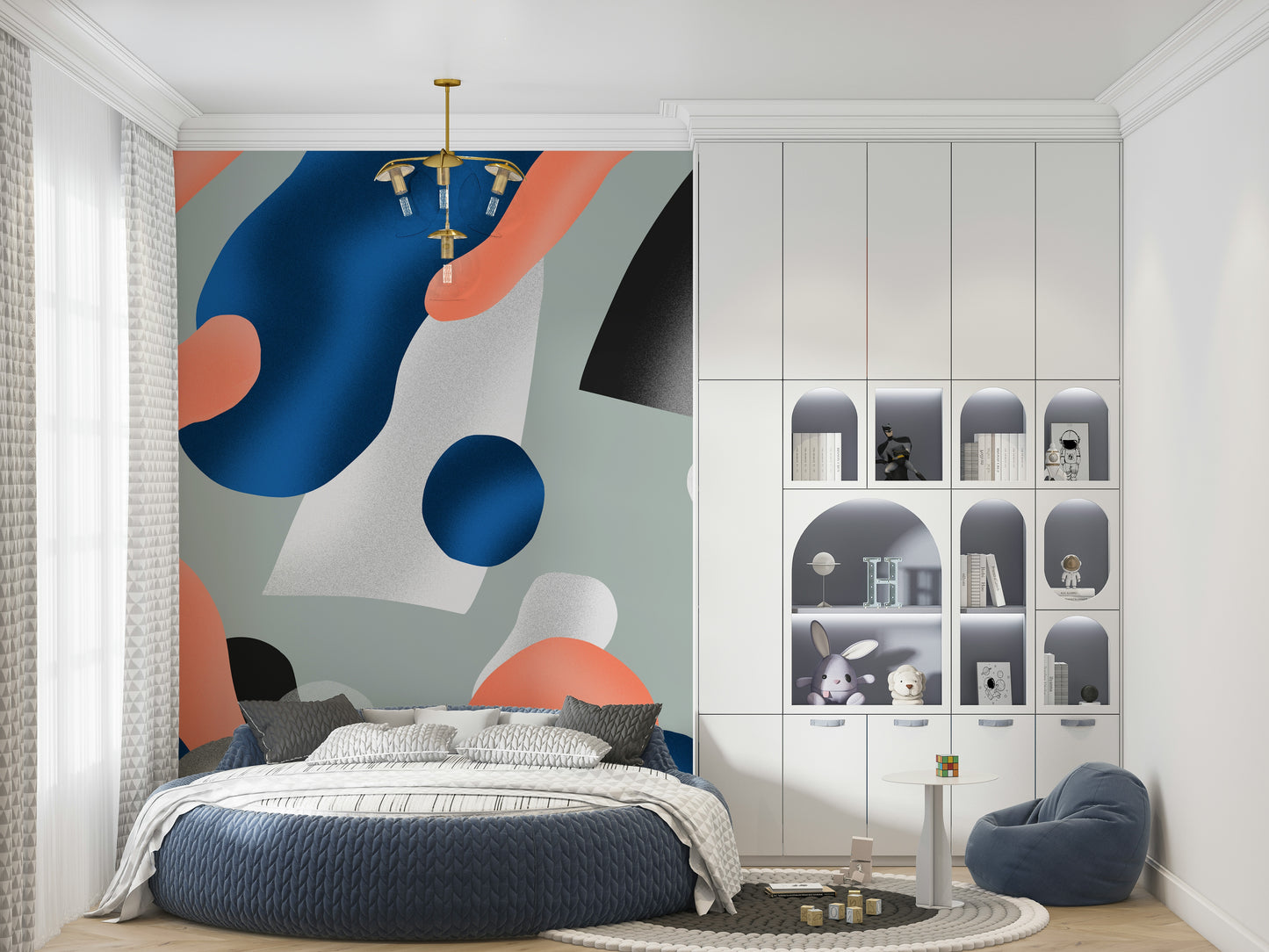 Coral Indigo Fluid Wall Mural – Artistic wallpaper with flowing abstract shapes in warm coral and cool indigo.