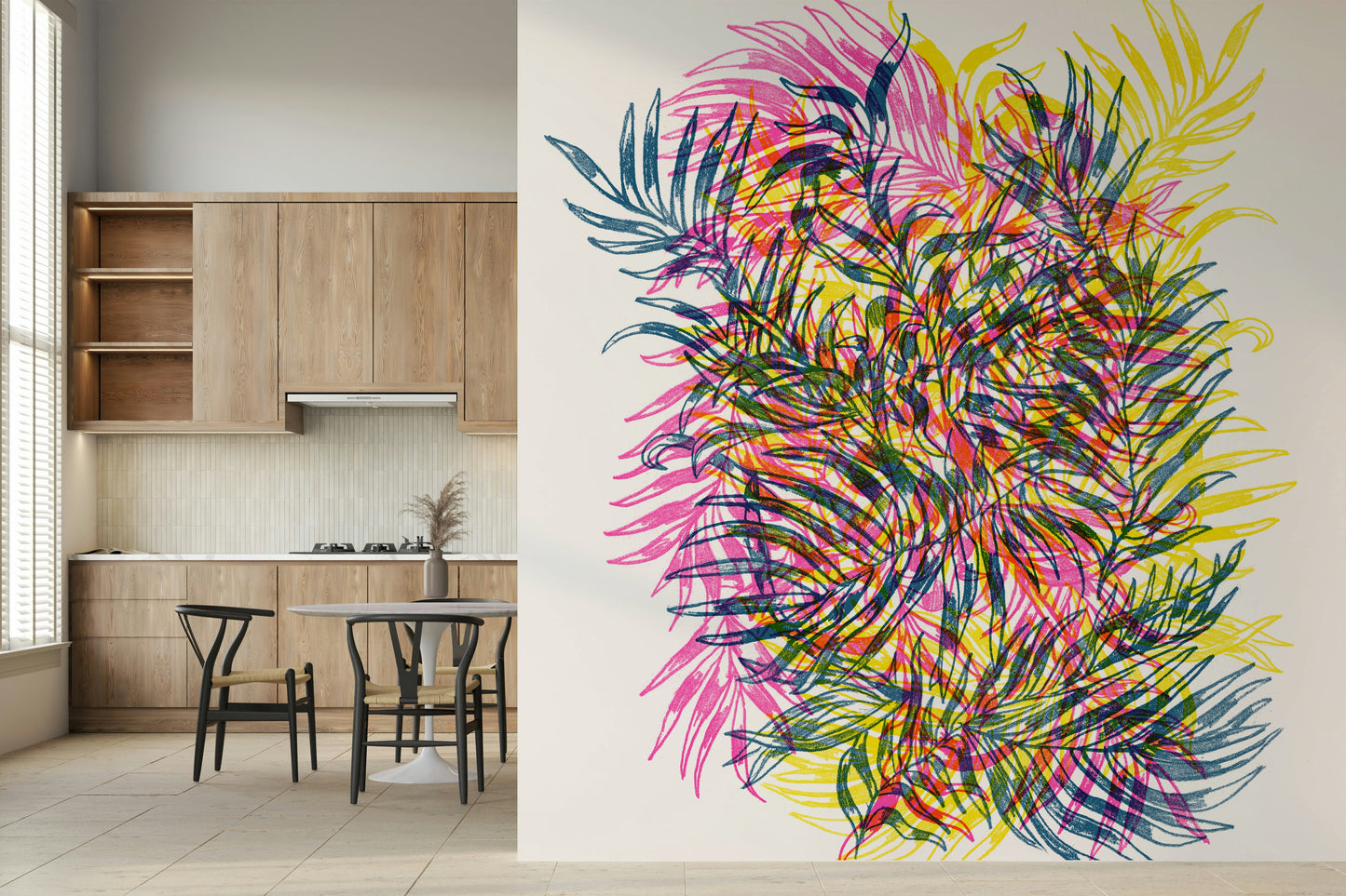 Neon Jungle Wall Mural – Colorful, dynamic wallpaper with glowing leaves, vines, and tropical flora.
