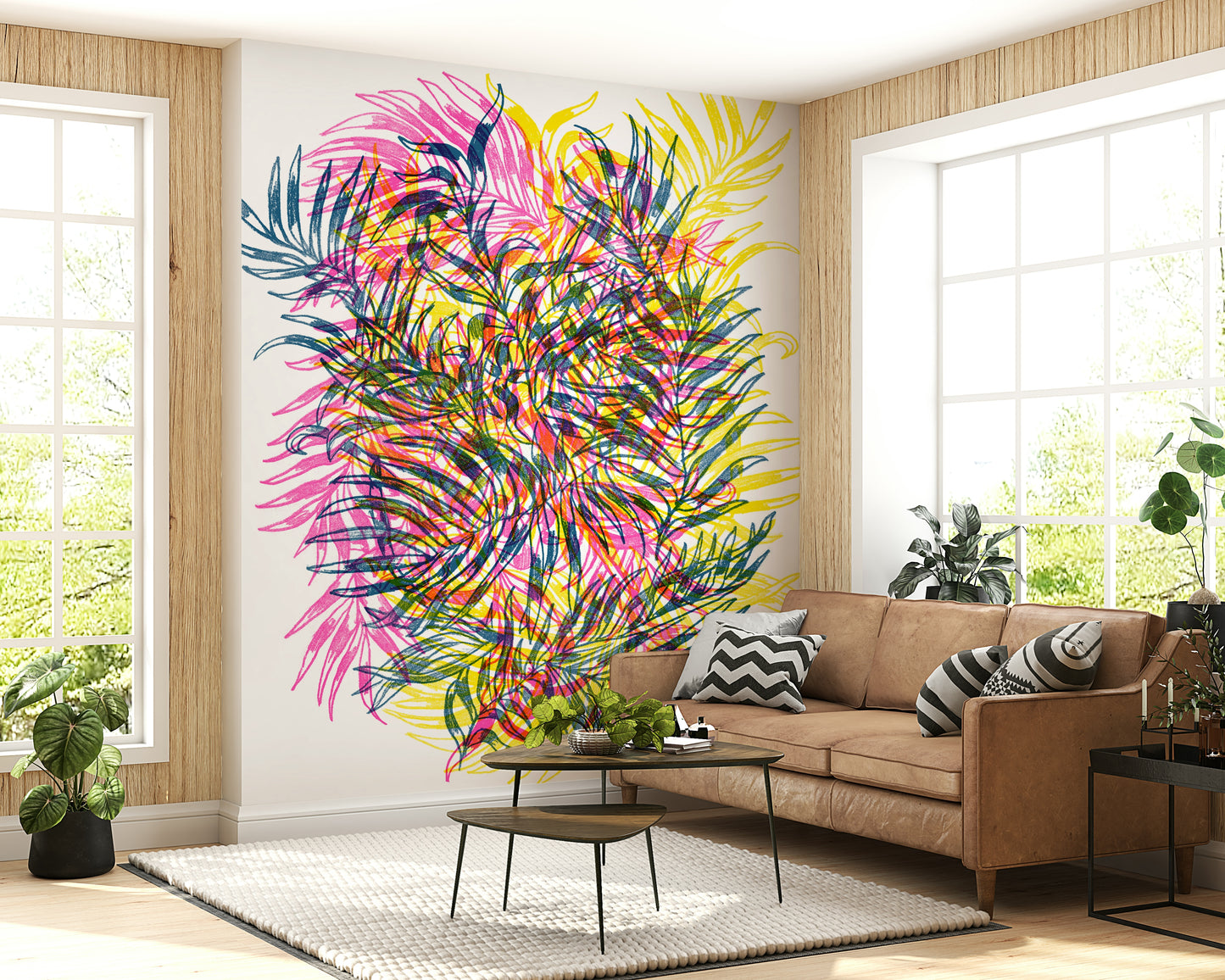Electric Jungle Decorative Wall Mural – Dynamic, artistic wallpaper featuring neon tropical leaves and jungle patterns.