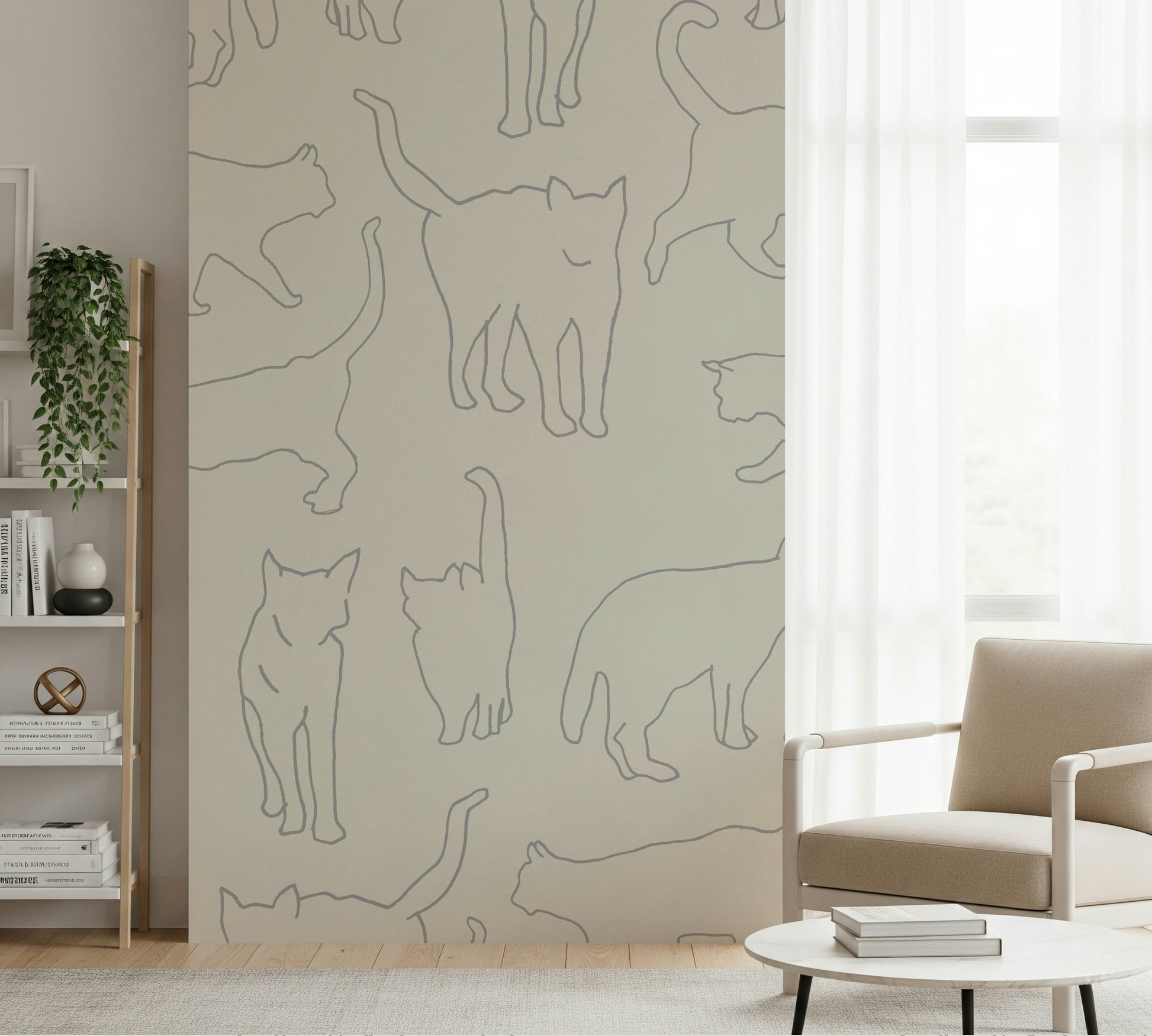 Sketch-Style Cat Wall Mural – Artistic wallpaper with minimalist, detailed line drawings of cats in various poses.