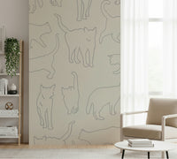 Sketch-Style Cat Wall Mural – Artistic wallpaper with minimalist, detailed line drawings of cats in various poses.