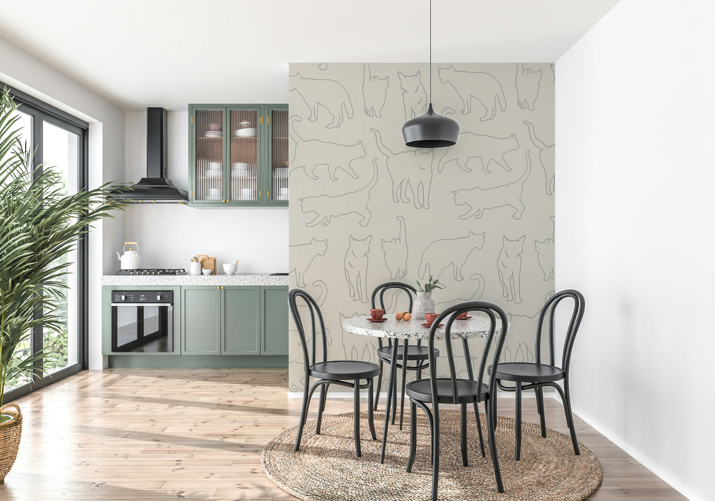 Cat Sketch Art Wallpaper Mural – Modern mural featuring detailed line art of cats in dynamic poses.