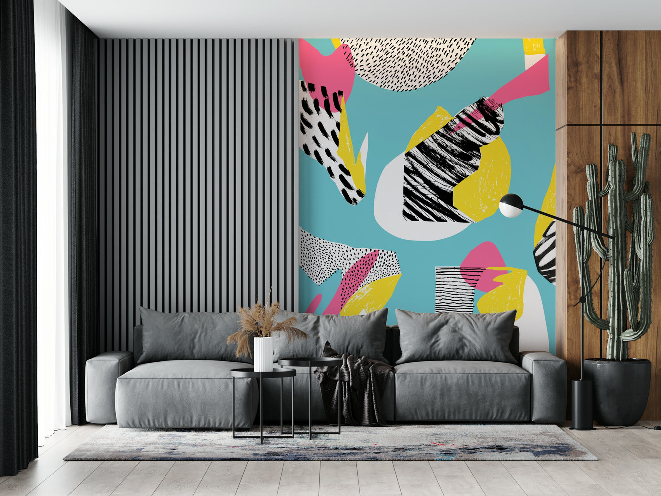 Modern Living Wall Mural – Multicolor Wallpaper – Contemporary design featuring vibrant abstract shapes for stylish home interiors.