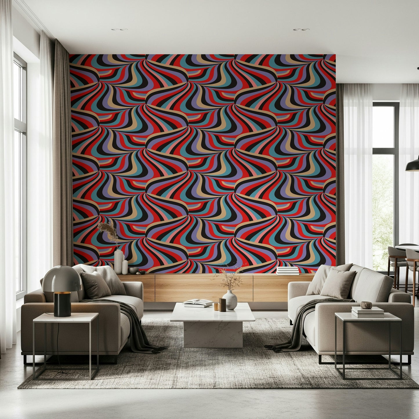 Retro Marble Swirl Stripes Wall Mural – Bold abstract design featuring colorful groovy stripes with a marbled effect.